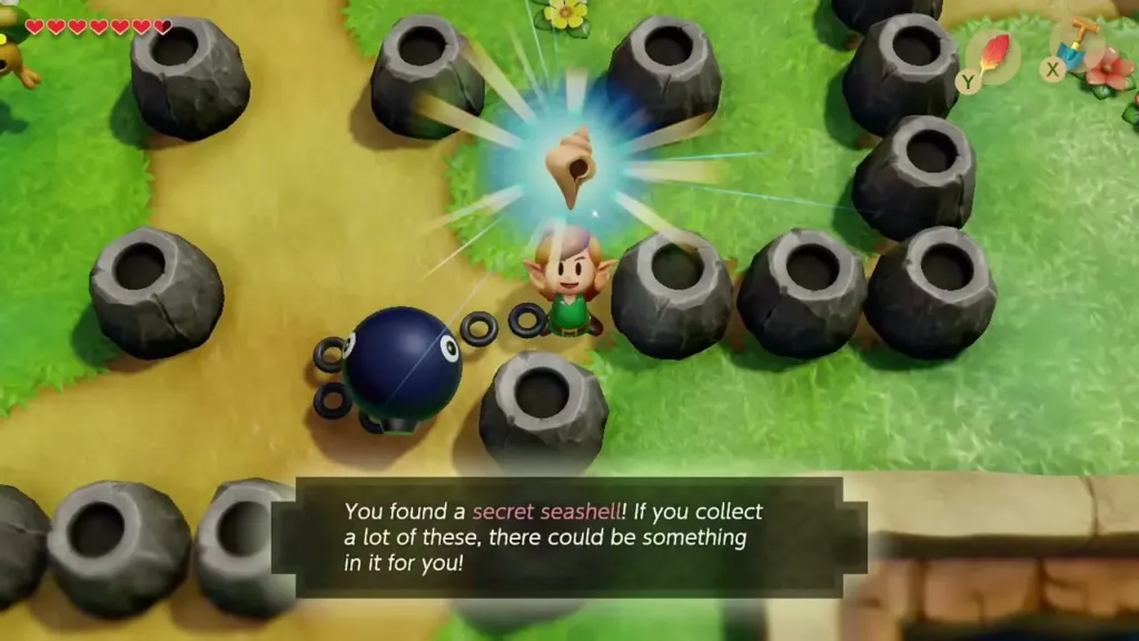 Link holding up the Secret Seashell found under the boulder, with its message box Link holding up the Secret Seashell found under the boulder, with its message box