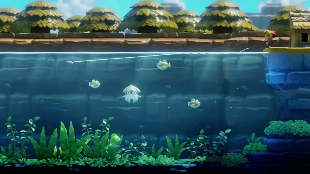 Link's heavy lure drifting past a large Blooper in the pond Link's heavy lure drifting past a large Blooper in the pond
