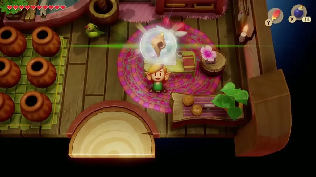 Link raising the Secret Seashell over his head in Christine's house Link raising the Secret Seashell over his head in Christine's house