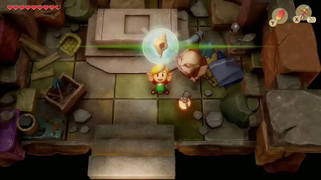 Link holding up the Secret Seashell Dampe gives for clearing his dungeon Link holding up the Secret Seashell Dampe gives for clearing his dungeon