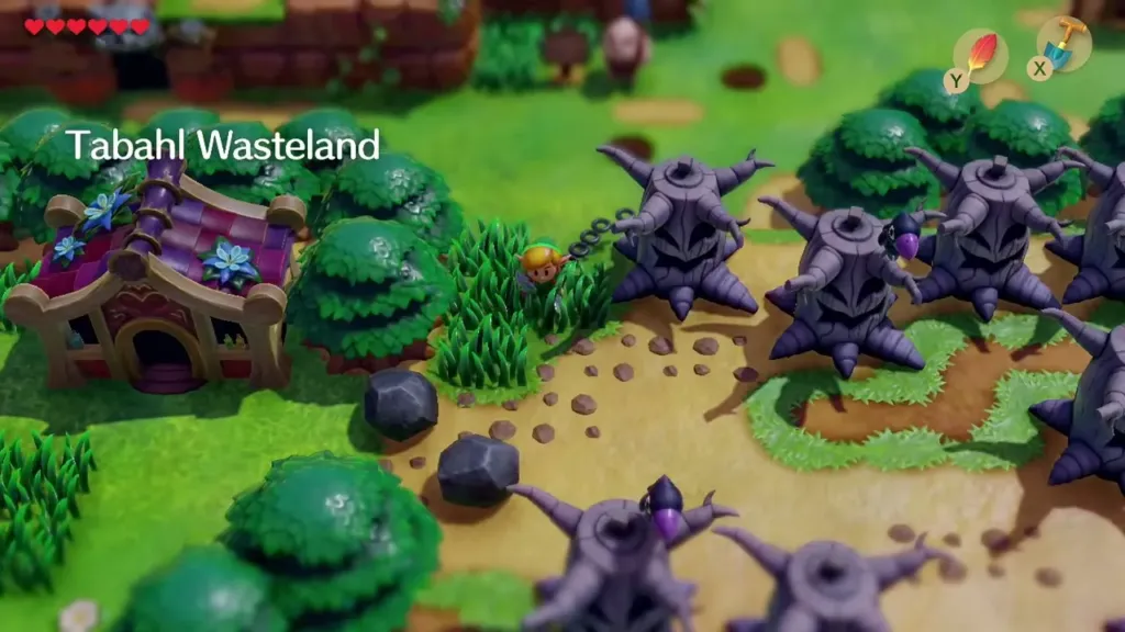Link arriving at Tabahl Wasteland beside the purple-roofed shack Link arriving at Tabahl Wasteland beside the purple-roofed shack
