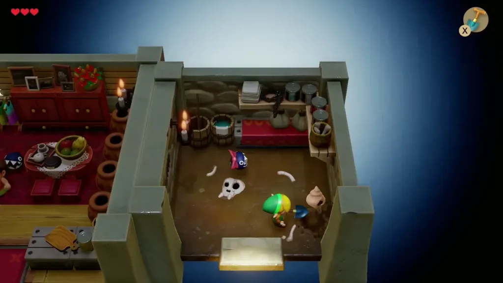 Link digging with the Shovel in the doghouse floor as a shell pops out Link digging with the Shovel in the doghouse floor as a shell pops out