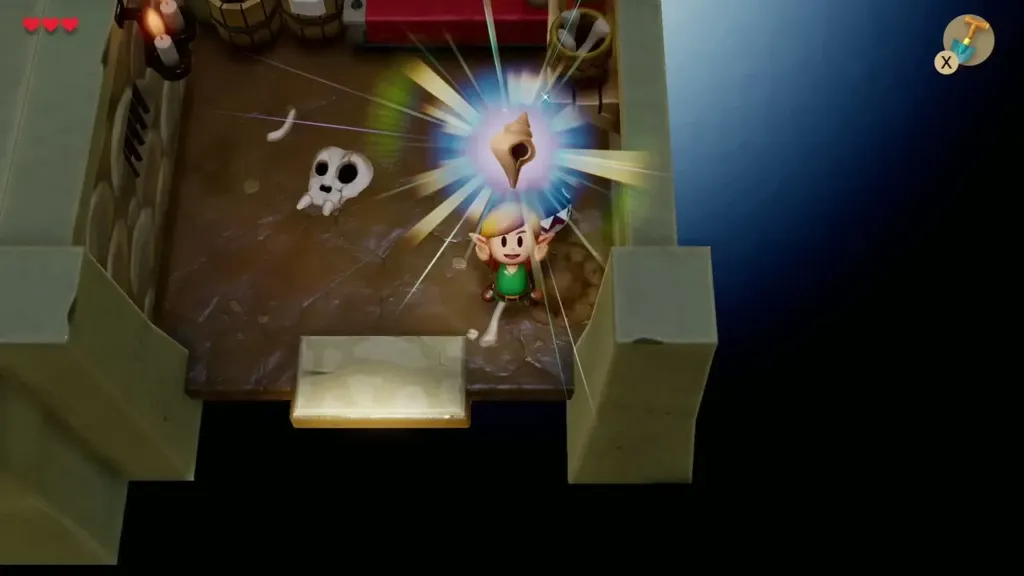 Link holding up the Secret Seashell dug up in the doghouse Link holding up the Secret Seashell dug up in the doghouse