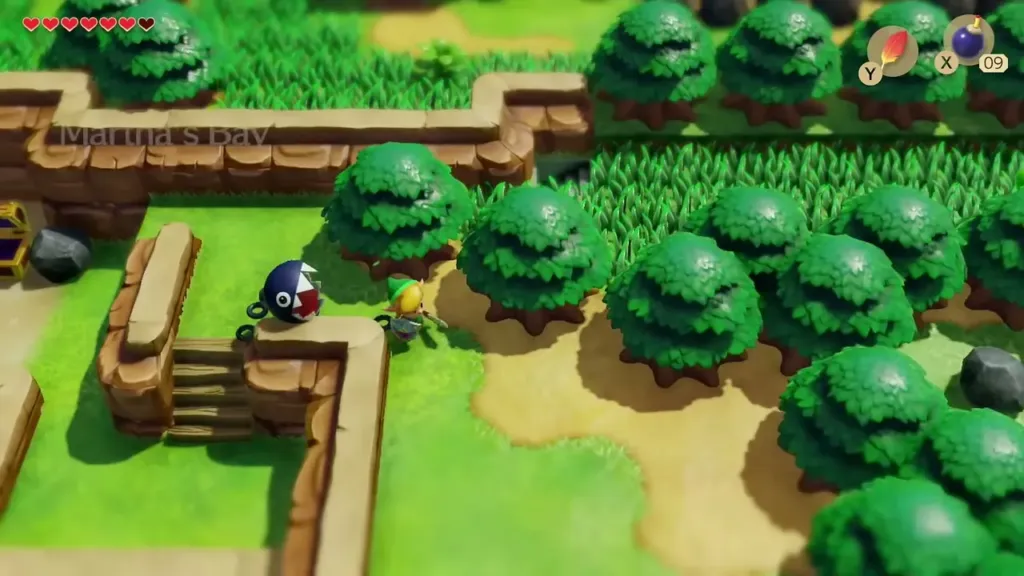 Link and a Chain Chomp heading along the cliff toward the Ghost's House Link and a Chain Chomp heading along the cliff toward the Ghost's House