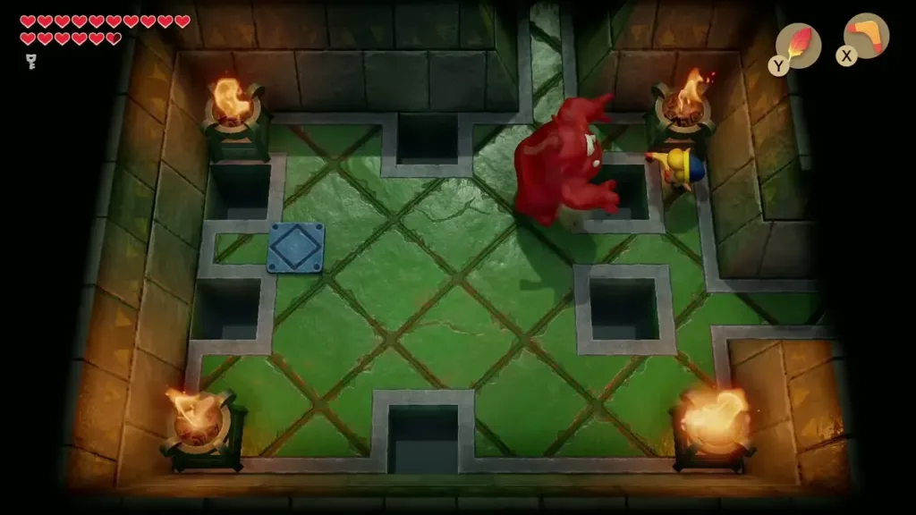 Link fighting the Red Hinox in the Eagle's Tower room with floor holes Link fighting the Red Hinox in the Eagle's Tower room with floor holes