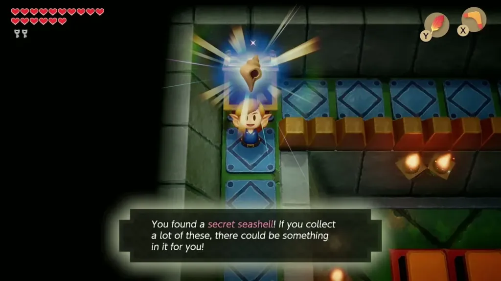 Link holding up the Secret Seashell with its message box in Eagle's Tower Link holding up the Secret Seashell with its message box in Eagle's Tower