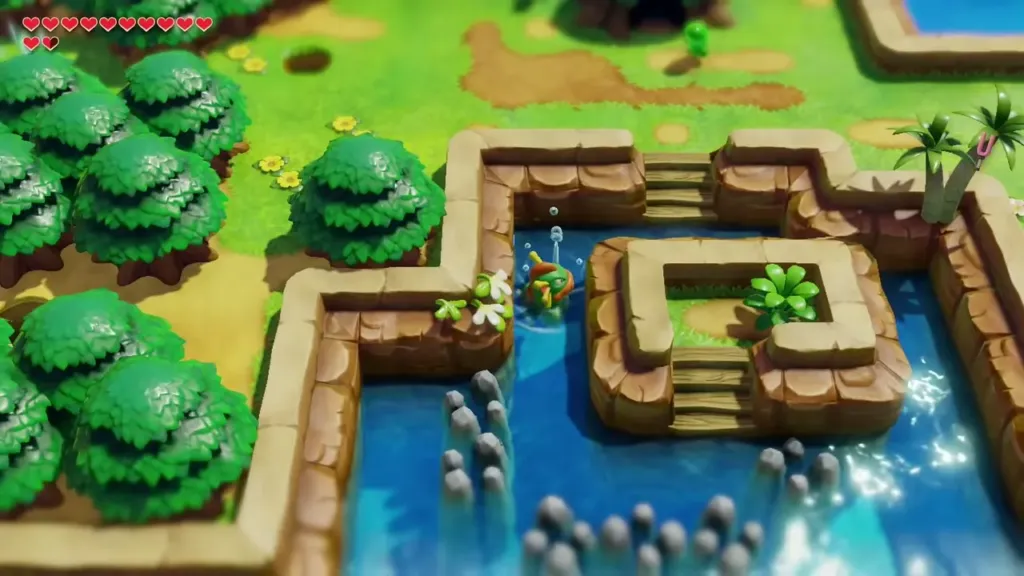 Link swimming toward the small island with stairs and a single bush Link swimming toward the small island with stairs and a single bush