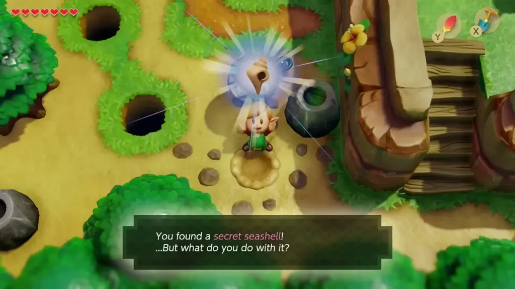 Link holding up the Secret Seashell dug up in Ukuku Prairie with its message box Link holding up the Secret Seashell dug up in Ukuku Prairie with its message box