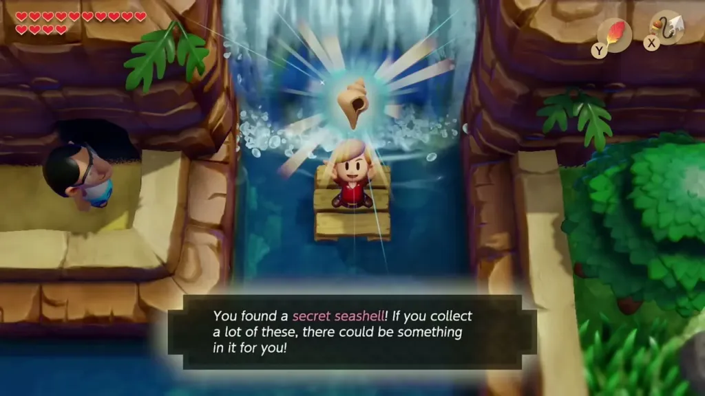 Link holding up the Secret Seashell on the raft at the finish with the message box shown Link holding up the Secret Seashell on the raft at the finish with the message box shown
