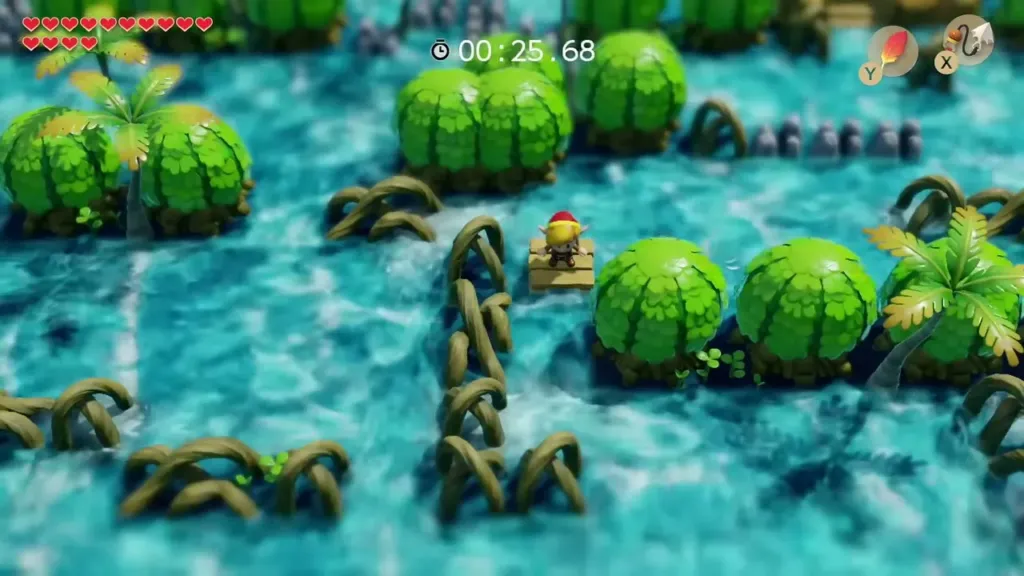 Link on the raft among rocks and bushes with the race timer near 25 seconds Link on the raft among rocks and bushes with the race timer near 25 seconds