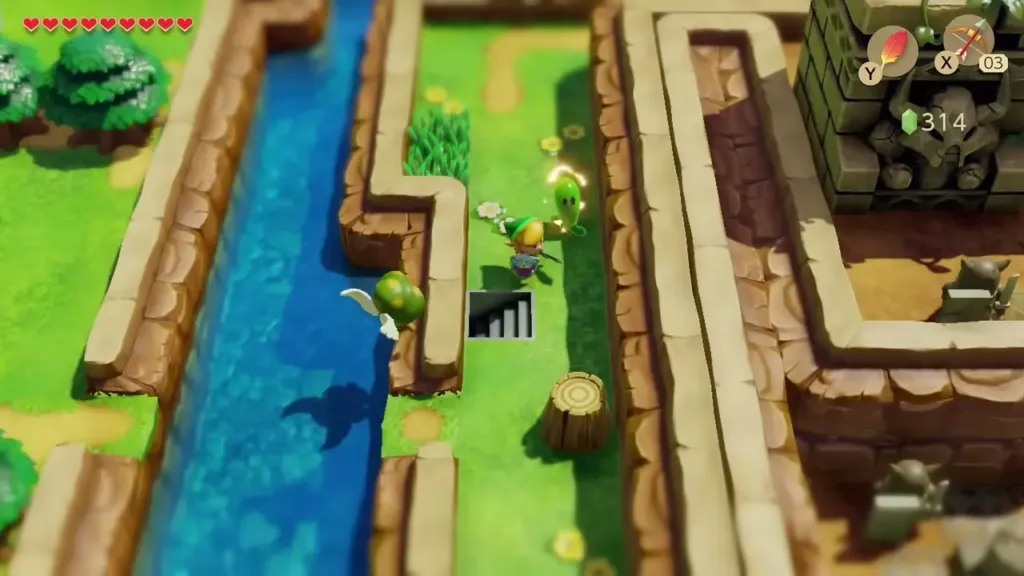 Link on the grassy strip east of the Ancient Ruins walls beside a stump, by the river Link on the grassy strip east of the Ancient Ruins walls beside a stump, by the river