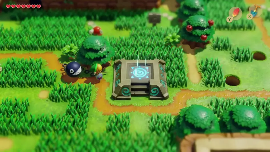 Link and the Chain Chomp walking the Signpost Maze path beside a lone tree Link and the Chain Chomp walking the Signpost Maze path beside a lone tree