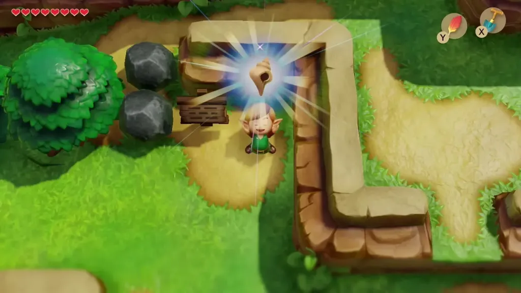 Link holding the Secret Seashell up beside the signpost and the rocks Link holding the Secret Seashell up beside the signpost and the rocks