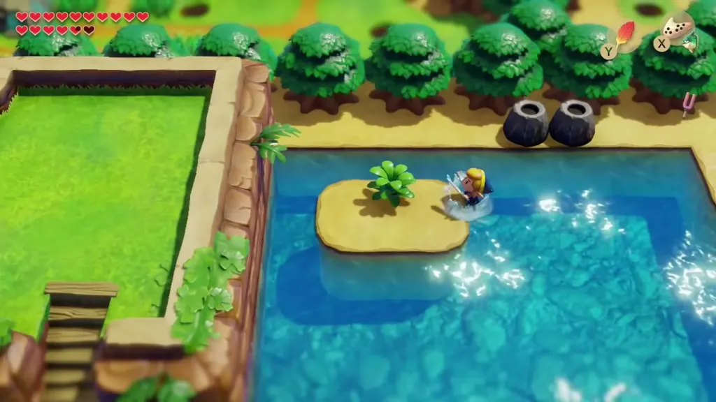 Link swimming with the Flippers toward the islet with one bush Link swimming with the Flippers toward the islet with one bush