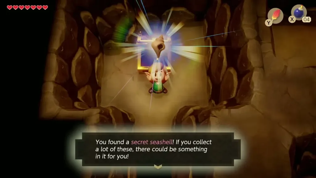 Link holding up the Secret Seashell from the chest with the item message box Link holding up the Secret Seashell from the chest with the item message box