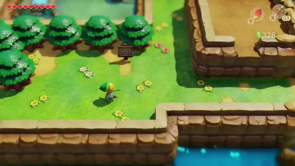 Link walking along the grassy shore above the water near the desert entrance Link walking along the grassy shore above the water near the desert entrance