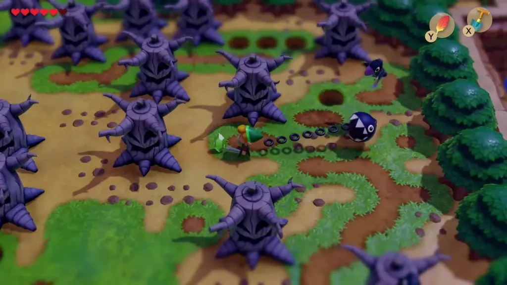 Link and BowWow among spiked stumps in Tabahl Wasteland with dug holes Link and BowWow among spiked stumps in Tabahl Wasteland with dug holes