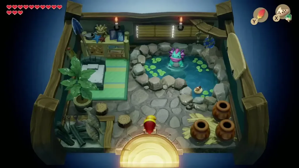 Link entering the pond house where a Zora sits in the little pond Link entering the pond house where a Zora sits in the little pond