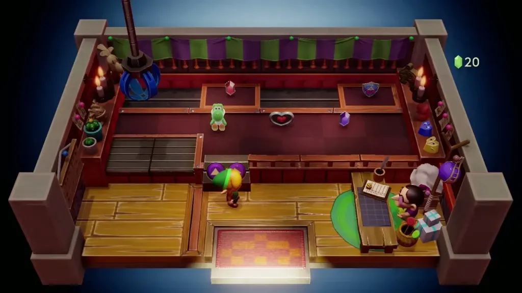 Link entering the Trendy Game Shop in Mabe Village with the crane machine ahead