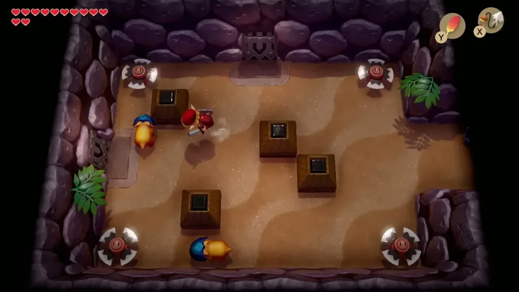 Link fighting masked enemies in the room with blade traps in the corners Link fighting masked enemies in the room with blade traps in the corners