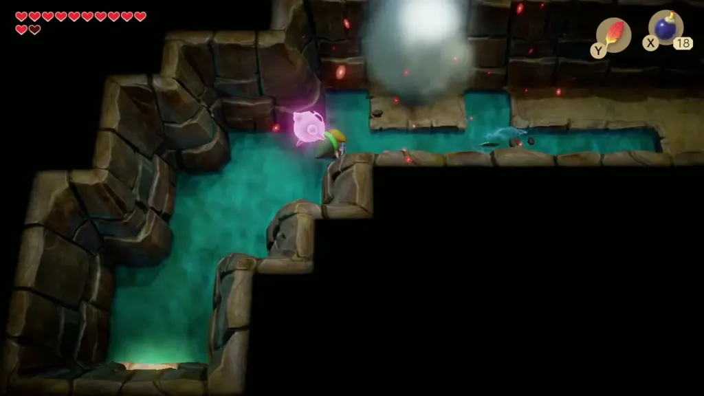 A Bomb blast in the flooded cave as Link opens the cracked wall A Bomb blast in the flooded cave as Link opens the cracked wall