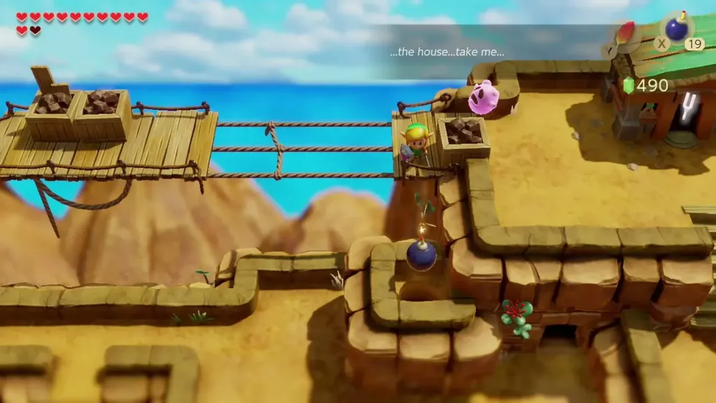 Link places a Bomb in the hole beside the wooden bridge Link places a Bomb in the hole beside the wooden bridge