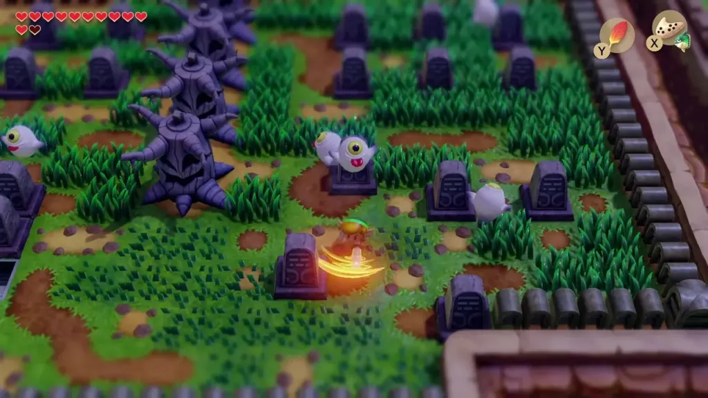 Link swinging his sword at ghosts between the graves of the Cemetery Link swinging his sword at ghosts between the graves of the Cemetery