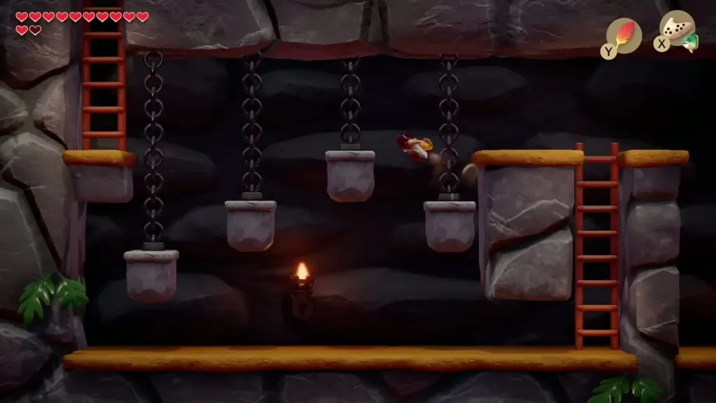 Link jumping across chain-hung platforms in the side-scrolling room Link jumping across chain-hung platforms in the side-scrolling room