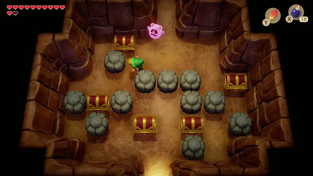 Room full of chests and rocks with Link picking a path Room full of chests and rocks with Link picking a path