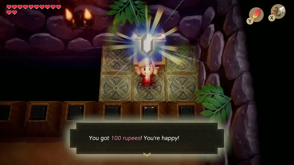 Link holding up a silver rupee from the chest with the message that he got 100 rupees Link holding up a silver rupee from the chest with the message that he got 100 rupees