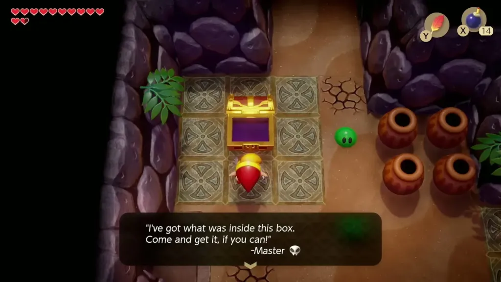 Link at the empty chest reading the note that Master took what was inside Link at the empty chest reading the note that Master took what was inside