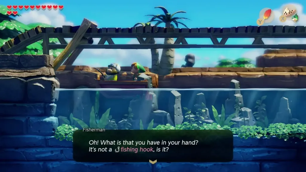 The Fisherman asking about the fishing hook in Link's hand The Fisherman asking about the fishing hook in Link's hand