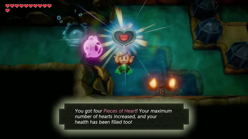 Link holding up the Piece of Heart in the flooded tunnel with the hearts-increased message box Link holding up the Piece of Heart in the flooded tunnel with the hearts-increased message box