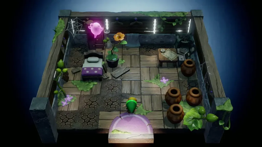 Link entering the Ghost's House with the pink Ghost by the dresser Link entering the Ghost's House with the pink Ghost by the dresser