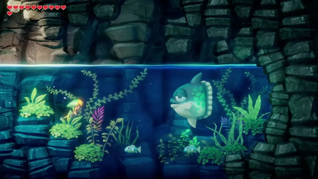 Link swimming down into Manbo's underwater cave beside the Sun Fish Link swimming down into Manbo's underwater cave beside the Sun Fish