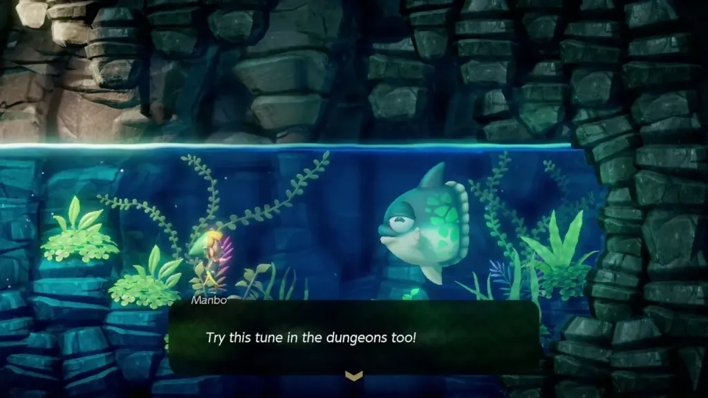 Manbo telling Link to try the tune in the dungeons too Manbo telling Link to try the tune in the dungeons too