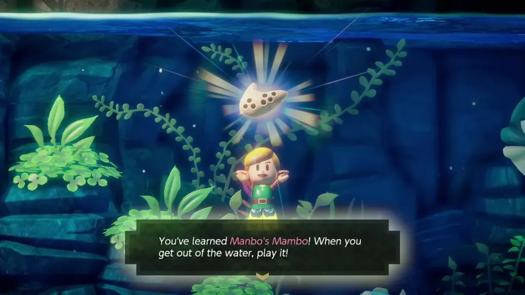 Link holding up the Ocarina as the message says he learned Manbo's Mambo Link holding up the Ocarina as the message says he learned Manbo's Mambo
