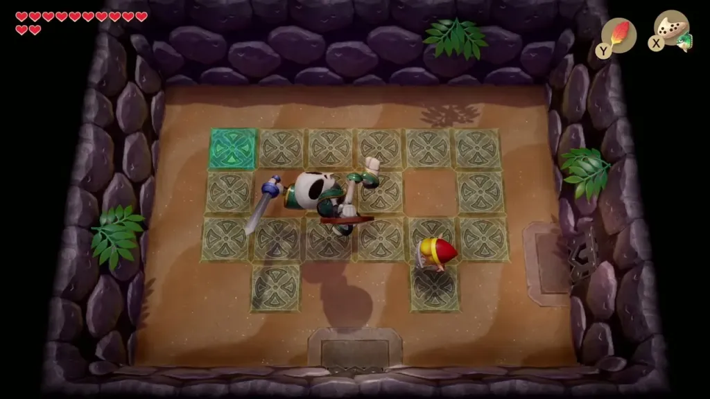 Link facing Master Stalfos with his sword and shield in the tile room Link facing Master Stalfos with his sword and shield in the tile room
