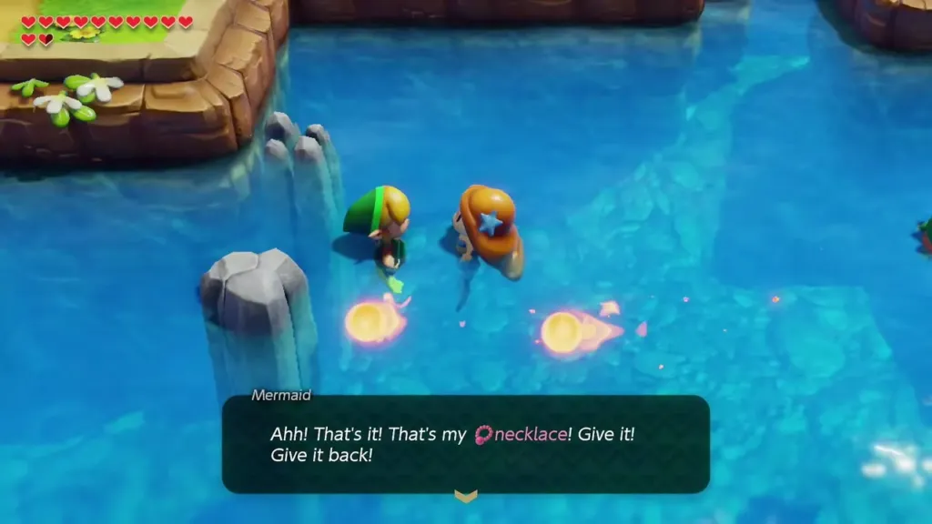 The Mermaid reacting to her Necklace as Link stands beside her The Mermaid reacting to her Necklace as Link stands beside her