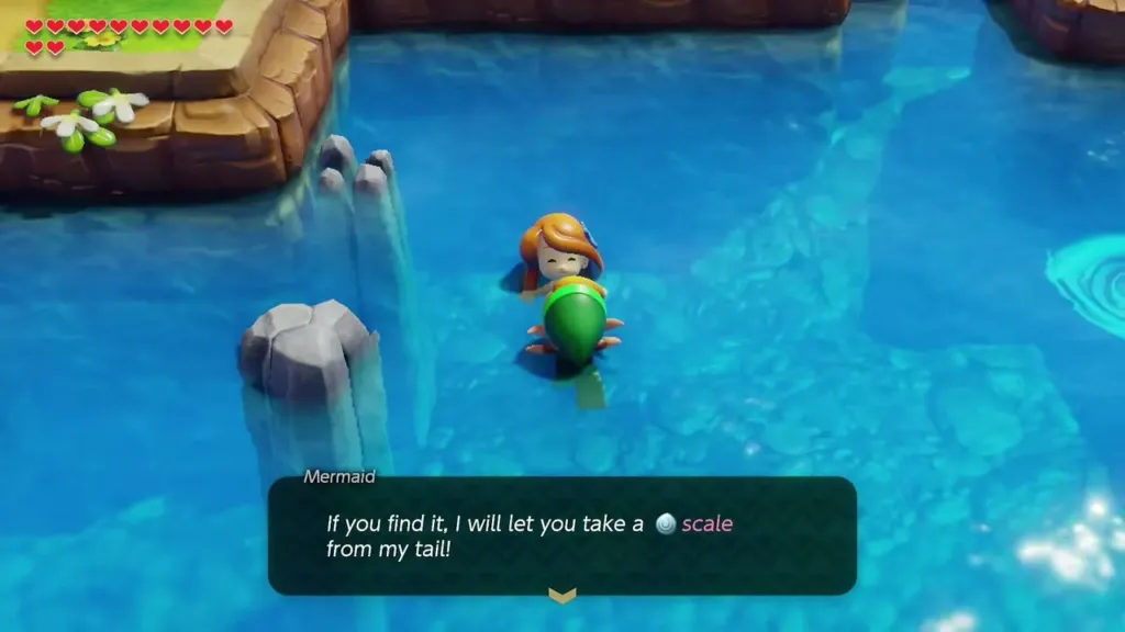 The Mermaid promising to let Link take a scale from her tail if he finds the necklace The Mermaid promising to let Link take a scale from her tail if he finds the necklace