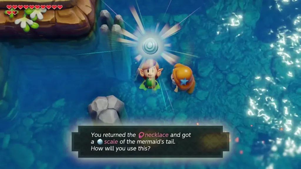Link holding up the Mermaid's Scale next to the Mermaid Link holding up the Mermaid's Scale next to the Mermaid