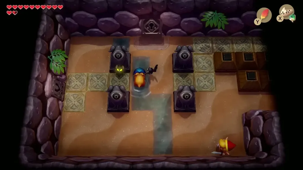 Link fighting masked enemies in a sandy room with eye statues and tiles Link fighting masked enemies in a sandy room with eye statues and tiles