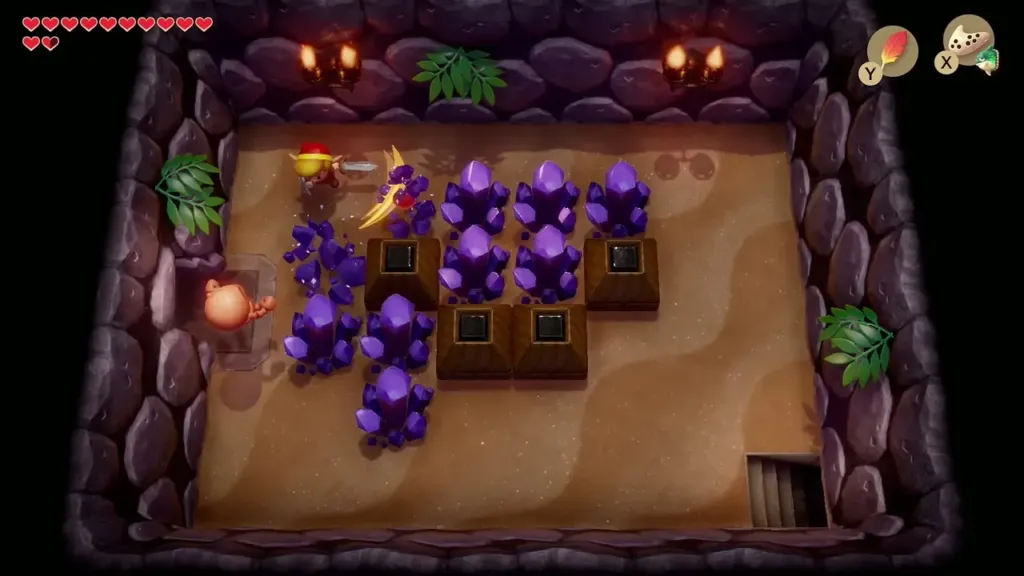 Link smashing purple crystals with his sword while an enemy approaches Link smashing purple crystals with his sword while an enemy approaches