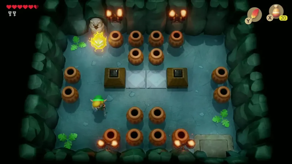 Link in the pot room with two blocks and the blue tiles between them Link in the pot room with two blocks and the blue tiles between them