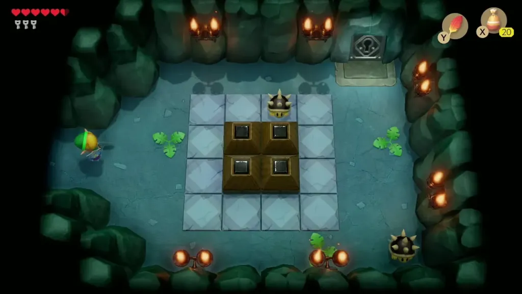 Link entering the block room with a spiked trap circling the blue tiles Link entering the block room with a spiked trap circling the blue tiles