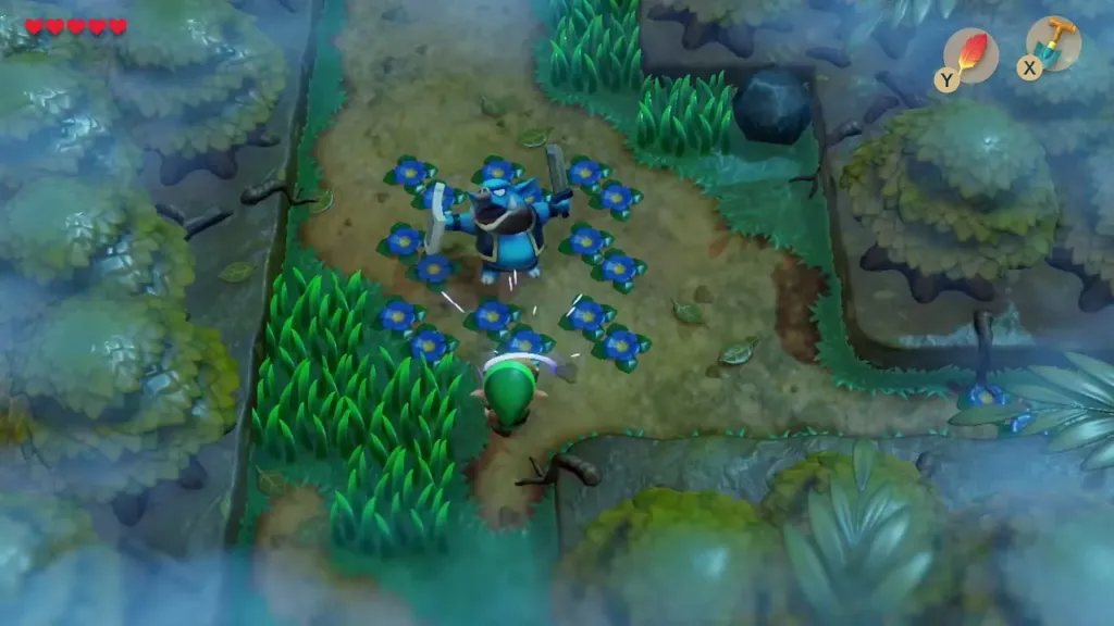 Link fighting a Moblin in the clearing full of blue flowers Link fighting a Moblin in the clearing full of blue flowers