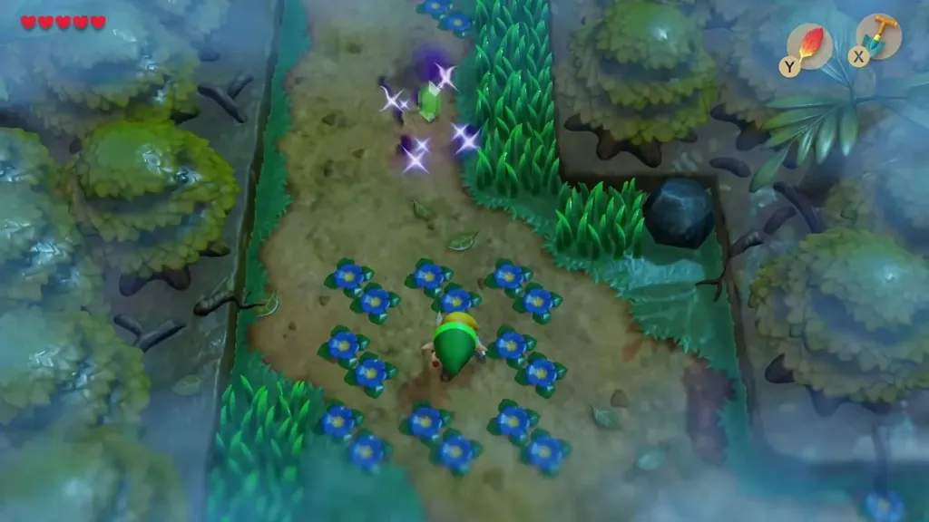 Link standing in the blue flower clearing where a Secret Seashell is buried Link standing in the blue flower clearing where a Secret Seashell is buried