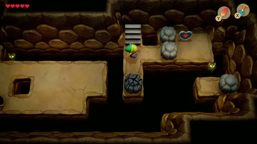 Link in the underground cave with a Piece of Heart on a ledge between two rocks Link in the underground cave with a Piece of Heart on a ledge between two rocks