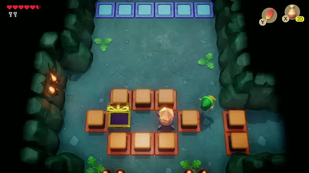 Link crossing the crystal-block room toward the chest ringed by orange blocks Link crossing the crystal-block room toward the chest ringed by orange blocks