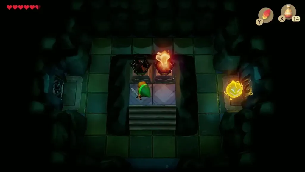 Link sprinkling Magic Powder to light a torch in the dark room Link sprinkling Magic Powder to light a torch in the dark room
